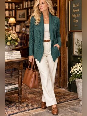 LOFT Large Teal Cable Knit Cardigan Wool Rabbit Hair Blend Shawl Collar
